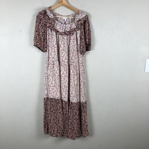 CALIRTA Dress Tan Pink Floral Ruffled Midi Cottagecore Size Medium